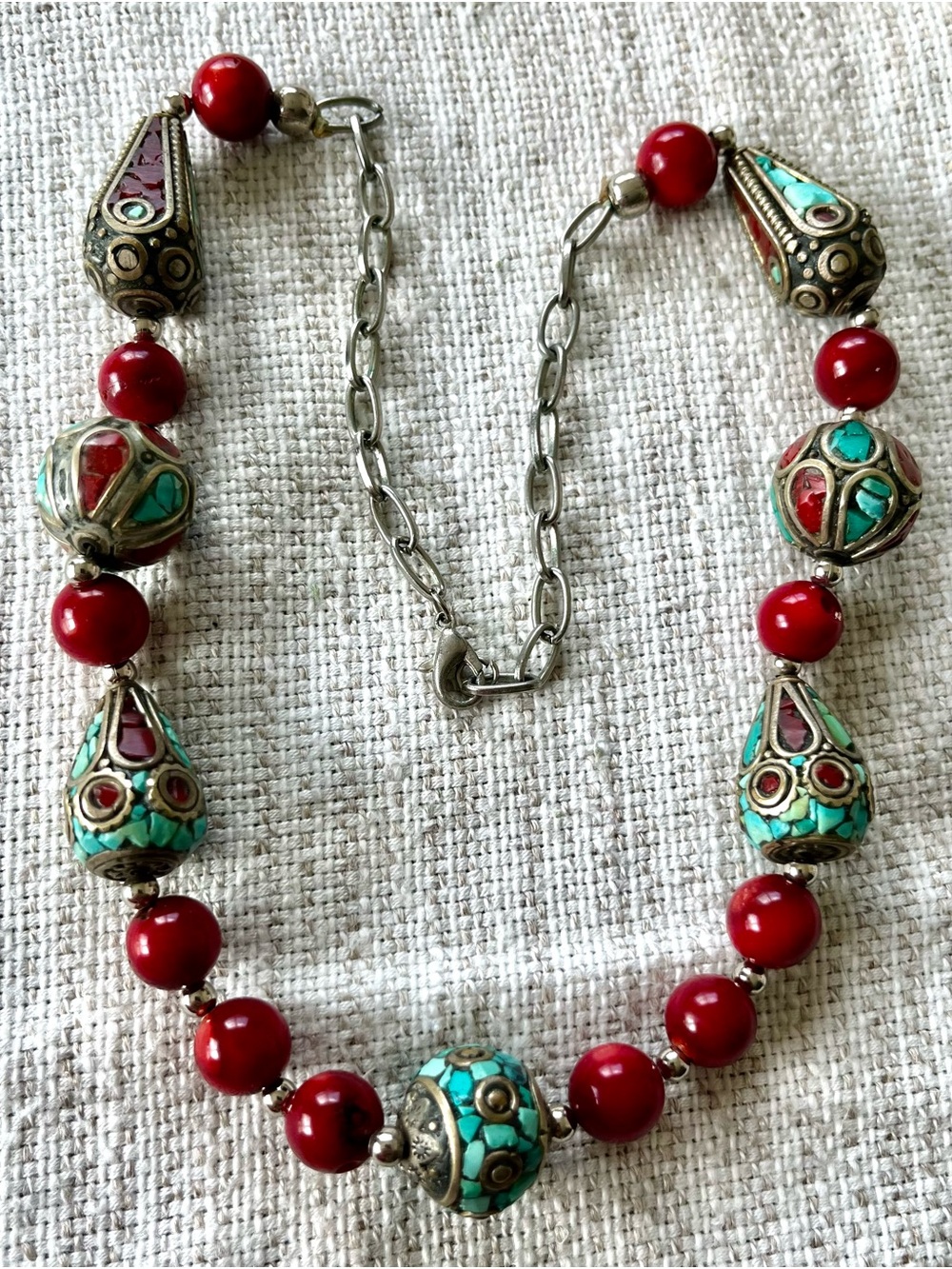 Afghani turquoise and red coral silver necklace